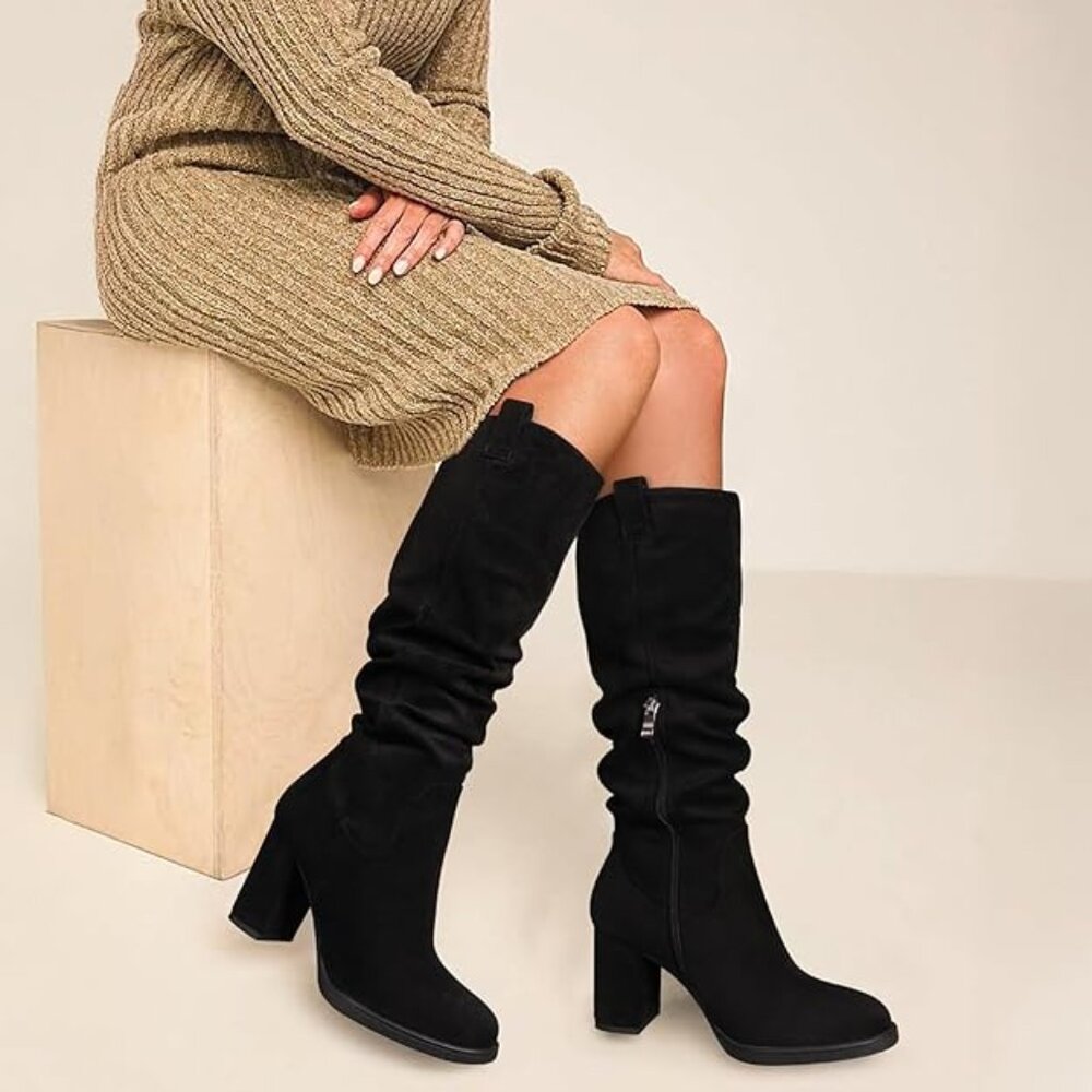 NEW! Suede Knee High Boots for Women Tall Chunky High Heel Dress Boot w/Side Zip